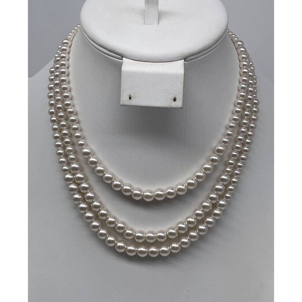 Stephen & Co Triple-Strand Pearl Necklace Silver Clasp Costume  18" with 3" Ext